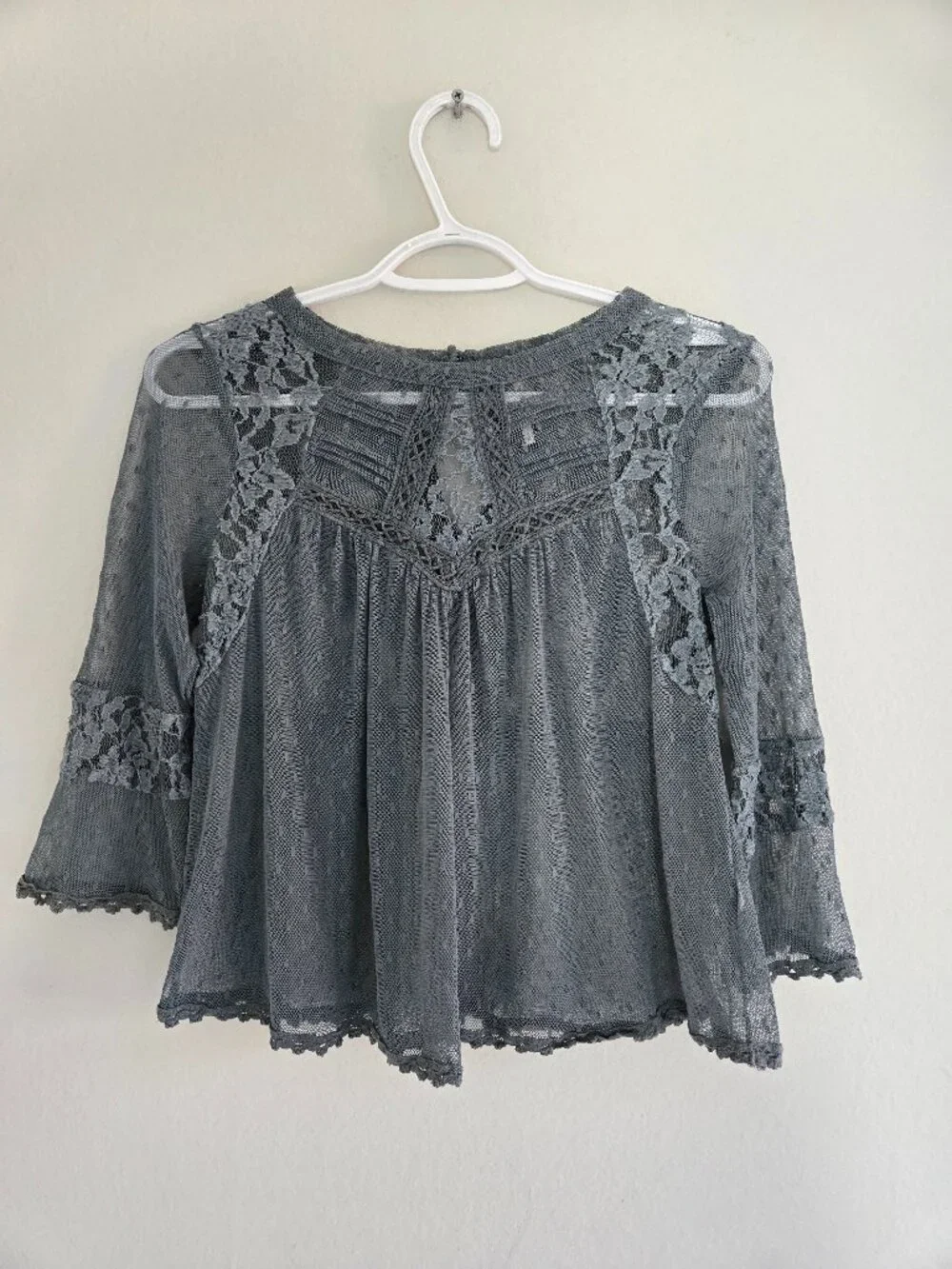 Free People Sheer Lace and Mesh Peplum Blouse in Charcoal size S/P